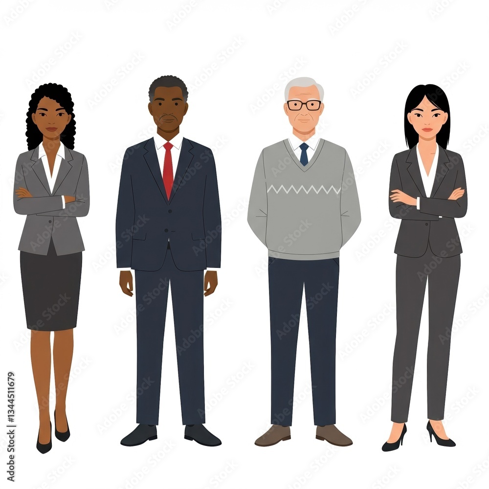 Professional Business People Character Set: Diverse Office Team in Business Attire Illustration for Corporate Projects and Presentations. Professional Business People Character Set: Diverse Office Team in Business Attire Illustration for Corporate Projects and Presentations.