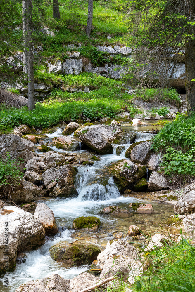 Waterfalls at tourist trail Cascate del Boite . Dolomites. Italy Waterfalls at tourist trail Cascate del Boite . Dolomites. Italy