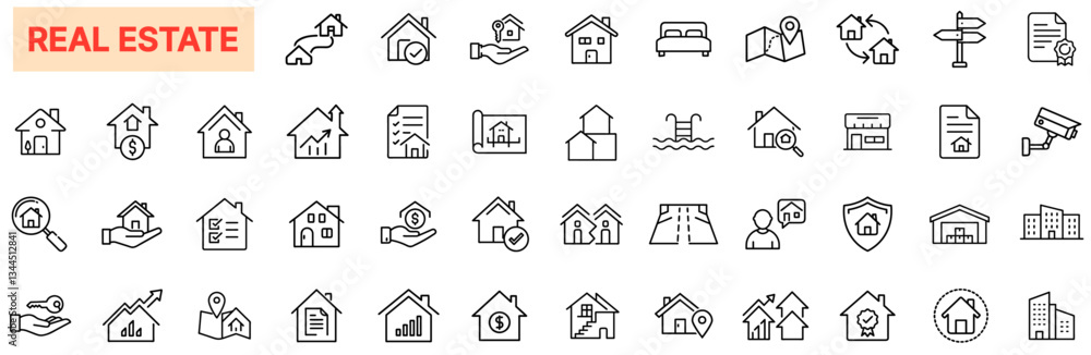 Fototapeta premium Real Estate Line Icons, Property, House, Home, Mortgage, Investment, Realtor, Rent, Sale, Construction, Architecture, Housing Market, Apartment, Urban Development