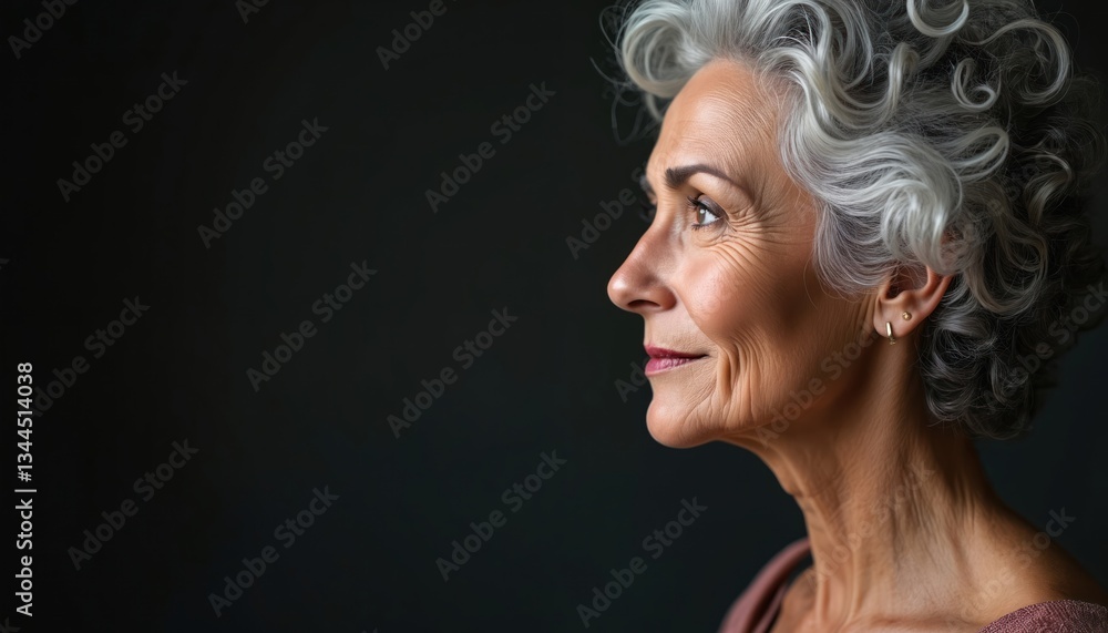 Profile of middle aged attractive woman with curly grey hair. Senior female with beautiful face skin, confident look. Mature model with natural aging skin. Lady with happy smile, clean look on dark Profile of middle aged attractive woman with curly grey hair. Senior female with beautiful face skin, confident look. Mature model with natural aging skin. Lady with happy smile, clean look on dark