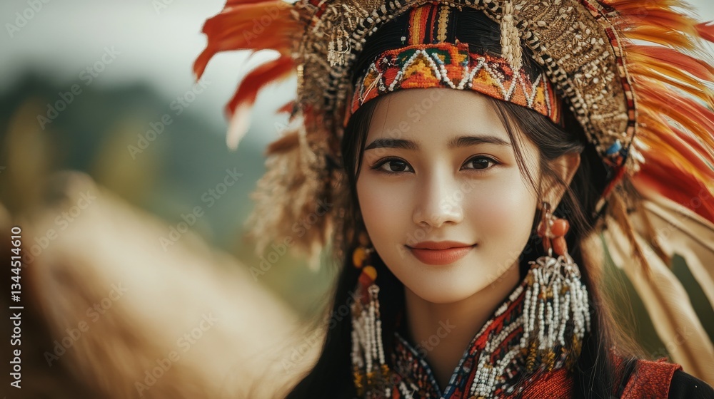 Portrait of a Young Woman in Traditional Ethnic Costume with Colorful Headdress Outdoors Portrait of a Young Woman in Traditional Ethnic Costume with Colorful Headdress Outdoors