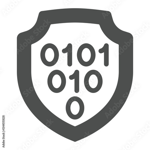 Binary code on emblem solid icon, hacker attacks concept. Vector graphics. Code exploit protection shield sign on white background, glyph style icon for mobile or web design.