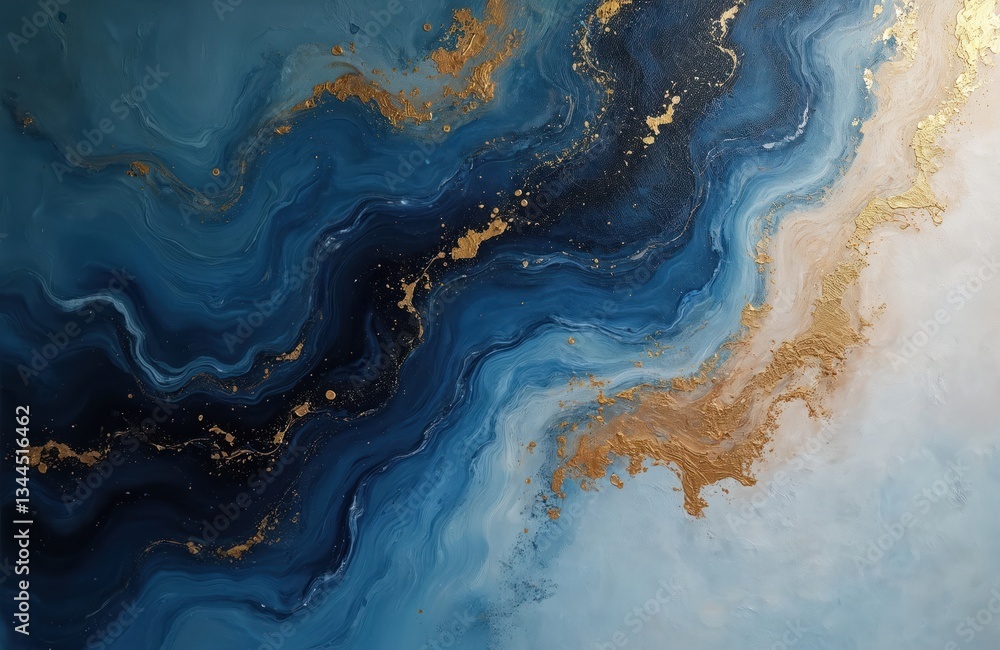 Fototapeta premium Abstract art canvas with gold, blue color brushstrokes. Oil painting with light and dark shades. Modern contemporary artwork for wall decor, banners design.