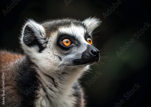 lemur face close up with big eyes with black blur background. Portrait of Ring-tailed Lemur, Lemur catta