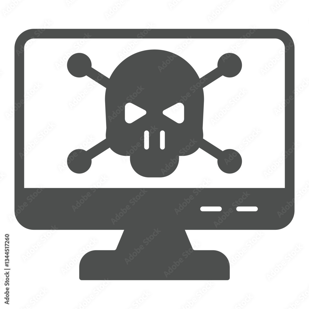 Monitor with skull and bones solid icon, hacker attacks concept. Vector graphics. Infected by virus, computer display sign on white background, glyph style icon for mobile or web design.