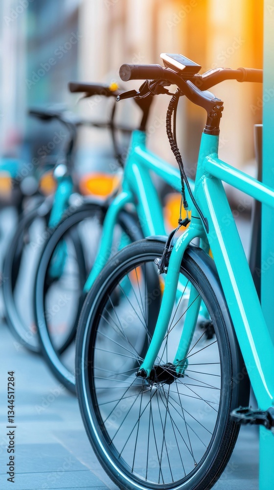 Obraz premium Bright Turquoise Bicycles Parked on Urban Street During Sunset