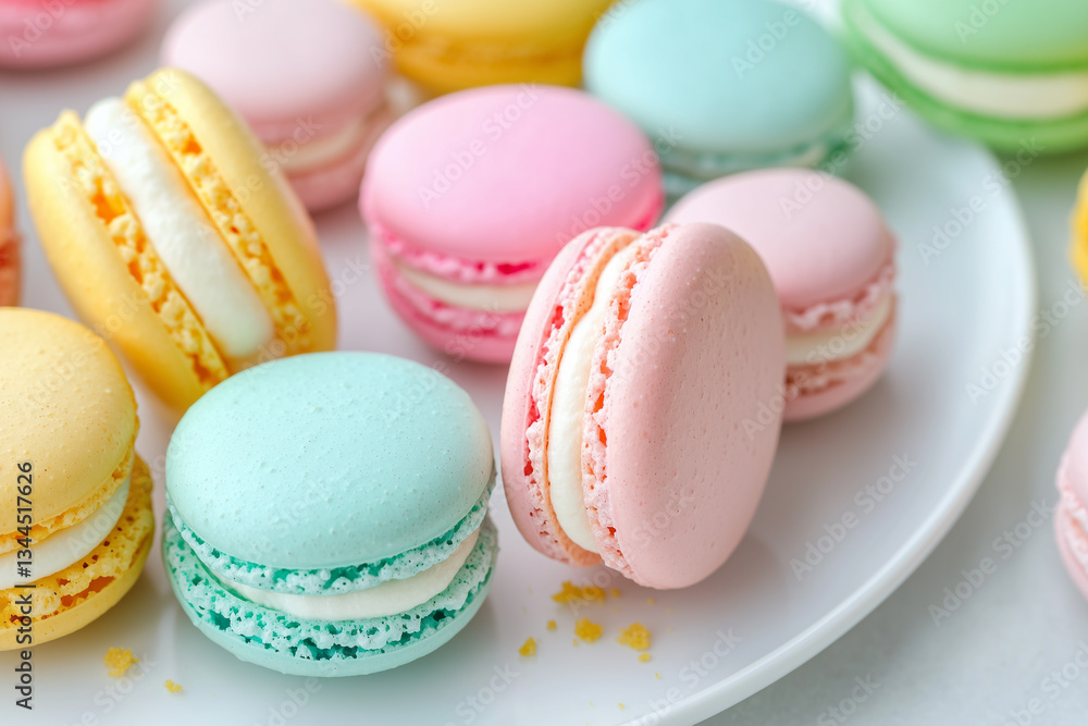 Fototapeta premium An assortment of colorful macarons in pastel shades of pink, blue, yellow, and green, neatly arranged in a circle on a white ceramic plate