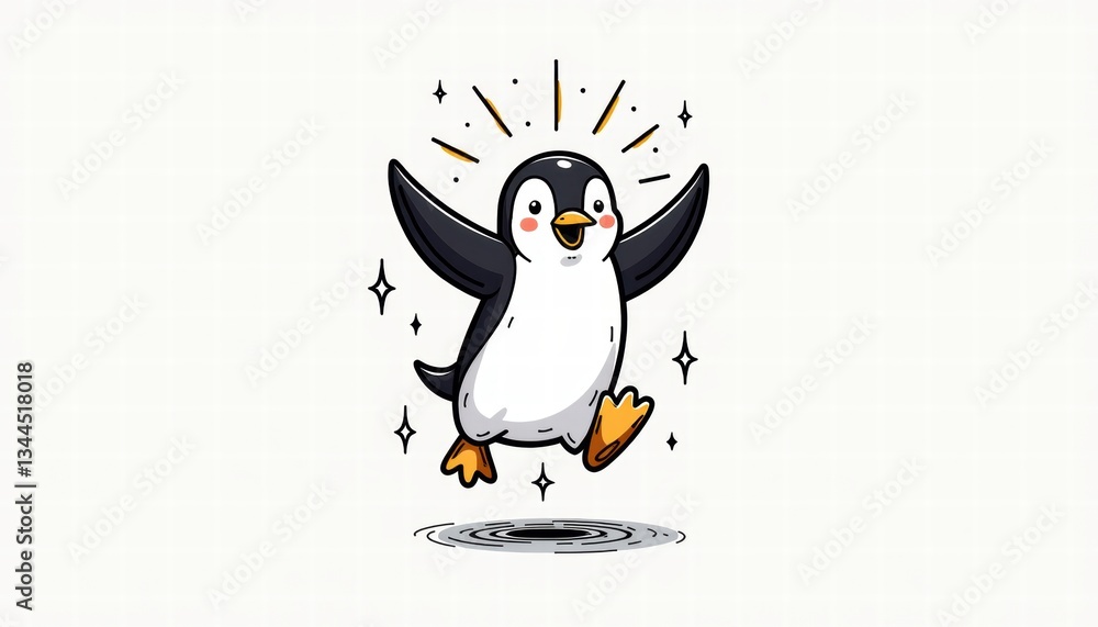 Obraz premium Cheerful Penguin Celebrating with Arms Raised in Minimalist Style 
