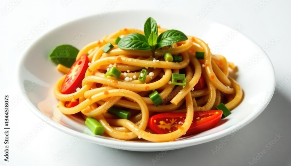 Stir-fried noodles with vegetables on white backdrop, pork, vegetable, chicken Stir-fried noodles with vegetables on white backdrop, pork, vegetable, chicken