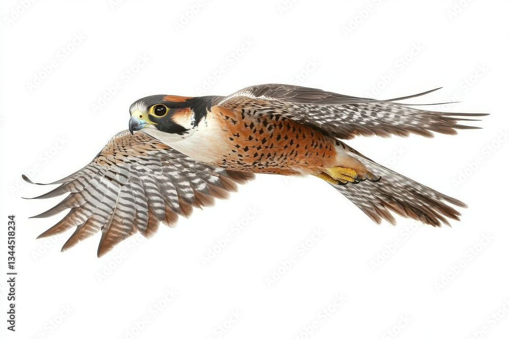 Fototapeta premium Realistic American kestrel with patterned wings and sharp eyes soaring through the air on an isolated white background