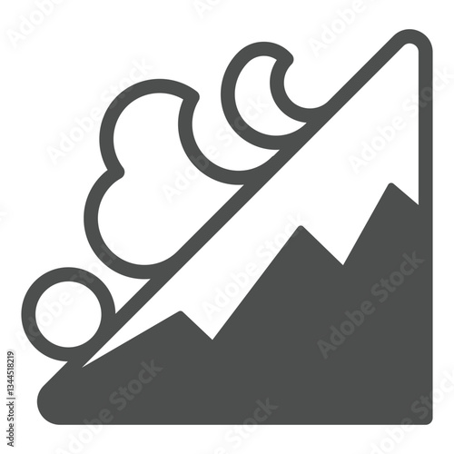 Mountain snow avalanche descent solid icon, insurance event concept. Vector graphics. Falling snowslide sign on white background, glyph style icon for mobile or web design.