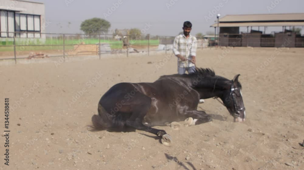 Slow-motion of a South Asian man training a black horse and the horse is Rolling in the dirt Slow-motion of a South Asian man training a black horse and the horse is Rolling in the dirt