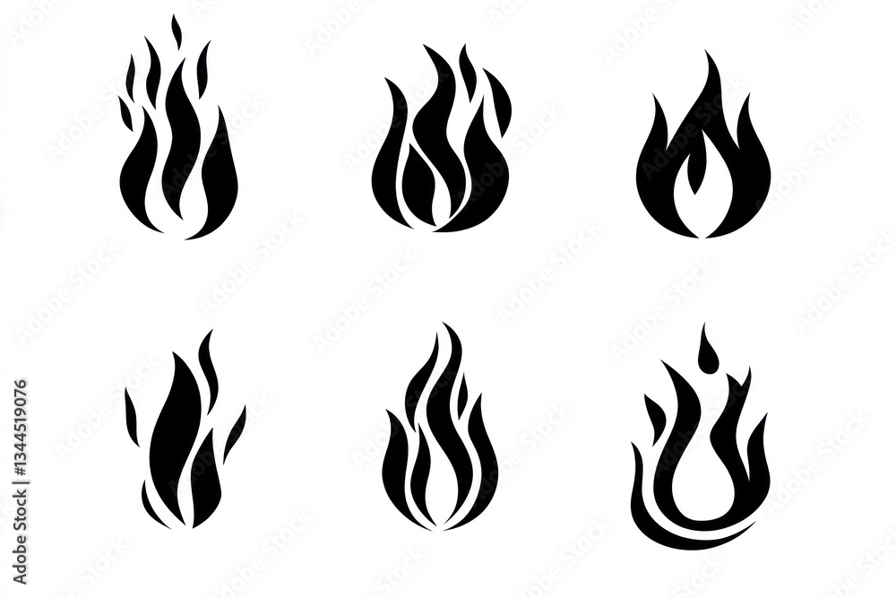 Six fire flame icons; graphic design elements; white background; website use Six fire flame icons; graphic design elements; white background; website use