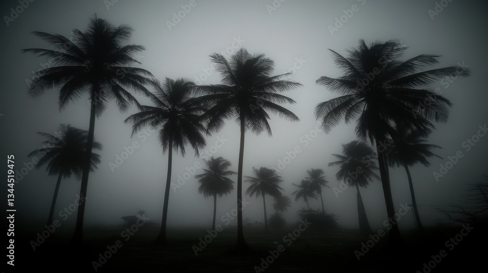 Silhouetted palm trees in dense fog, creating a mysterious and moody atmosphere. Silhouetted palm trees in dense fog, creating a mysterious and moody atmosphere.