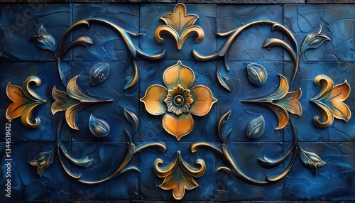 A blue and gold floral design with a yellow flower in the center
