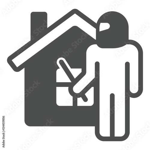 Thief man with mask at house solid icon, insurance event concept. Vector graphics. Cottage building theft crime risk sign on white background, glyph style icon for mobile or web design.