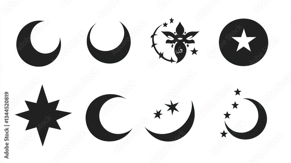Crescent moons, stars, night sky symbols; graphic design elements Crescent moons, stars, night sky symbols; graphic design elements