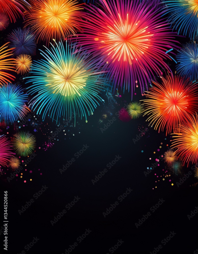 Naklejka premium black background with colorful fireworks bursting along the edges