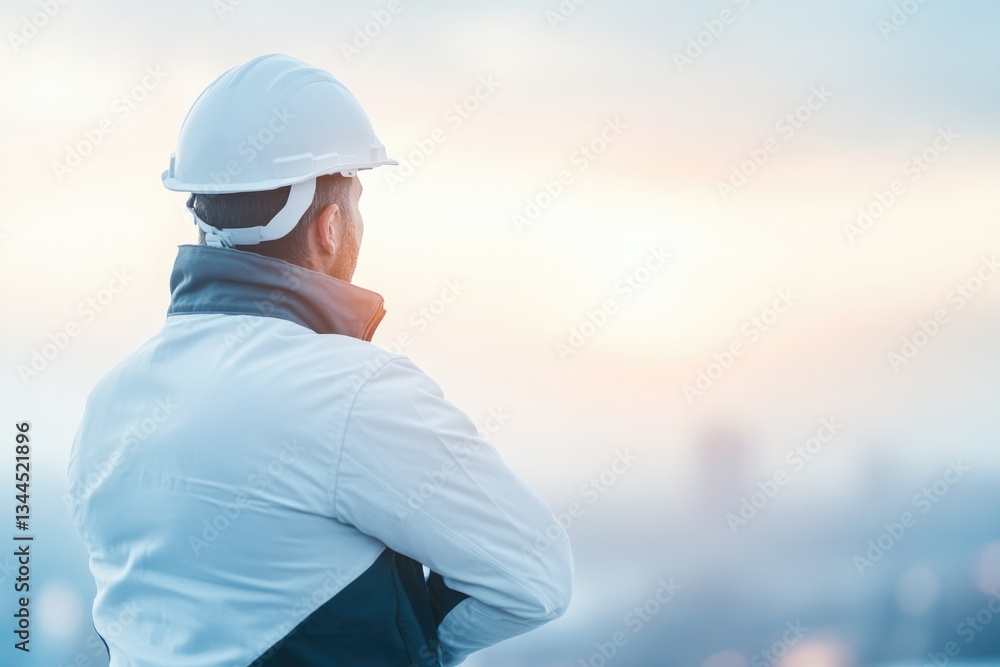 portrait of professional in industrial attire with blurred background minimalistic theme with ample copy space portrait of professional in industrial attire with blurred background minimalistic theme with ample copy space