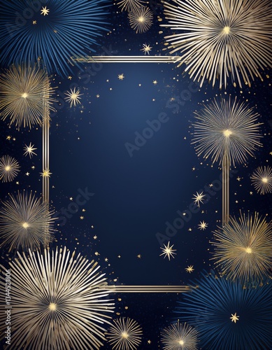 cosmic dark blue background with silver and gold fireworks frame