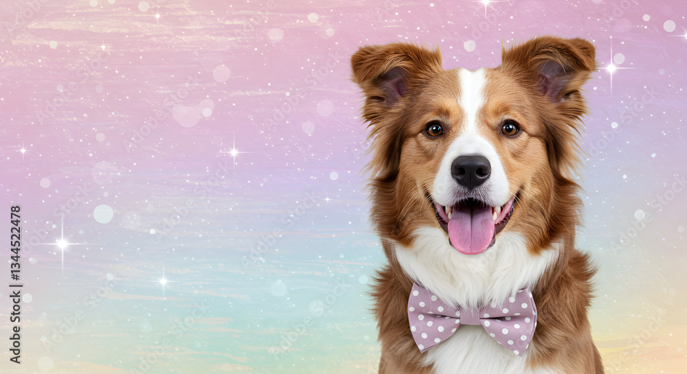 Cute Brown and White Border Collie Dog with a Dapper Bow Tie, Set Against a Magical Pastel Background with Empty Space for Text
Cute Brown and White Border Collie Dog with a Dapper Bow Tie, Set Against a Magical Pastel Background with Empty Space for Text