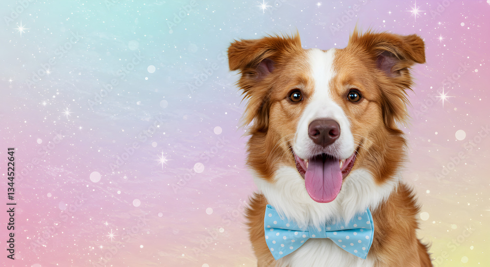 Charming brown and white border collie dog wearing a sky blue polka dot bow tie, against a magical pastel bokeh background with space for text Charming brown and white border collie dog wearing a sky blue polka dot bow tie, against a magical pastel bokeh background with space for text