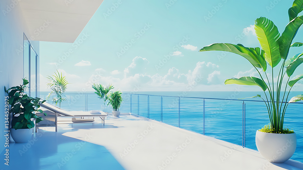 Fototapeta premium Relaxing Seaside Balcony with Comfortable Lounge and Beautiful Ocean View