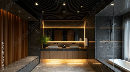 Wallpaper Mural Modern bathroom interior with dark gray marble, wooden accents, and a luxurious feel Torontodigital.ca