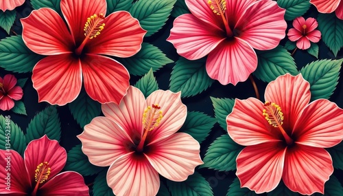 Wallpaper Mural Bold hibiscus motif, repeating floral arrangement, rich color , flower pattern, floral design, hibiscus repeat Torontodigital.ca