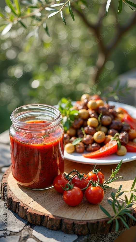 Fresh tomato sauce with mediterranean salad on rustic outdoor table Fresh tomato sauce with mediterranean salad on rustic outdoor table