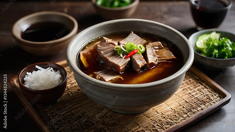 Serving of Korean Beef Soup with Vegetables and Rice on Tray Serving of Korean Beef Soup with Vegetables and Rice on Tray