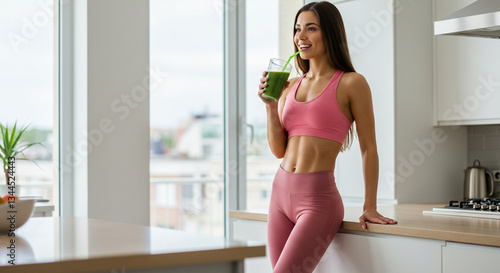 A healthy young woman enjoying a refreshing green smoothie in her bright kitchen, feeling energized and confident after a workout, bathed in soft natural light.