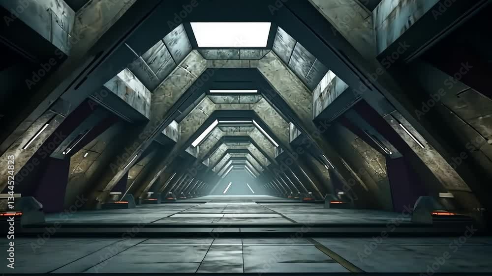 Futuristic, abandoned corridor. Long, industrial, gray concrete passageway. Dim, light at the end Futuristic, abandoned corridor. Long, industrial, gray concrete passageway. Dim, light at the end