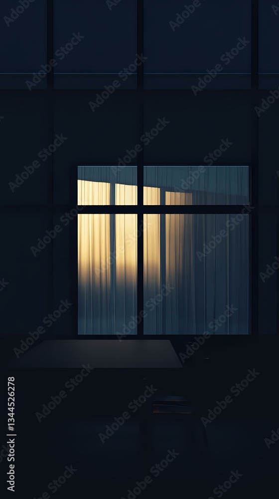Warm light streaming through window with curtains in dark room creates moody atmosphere. Minimalist composition with strong contrast between darkness and illumination. Warm light streaming through window with curtains in dark room creates moody atmosphere. Minimalist composition with strong contrast between darkness and illumination.