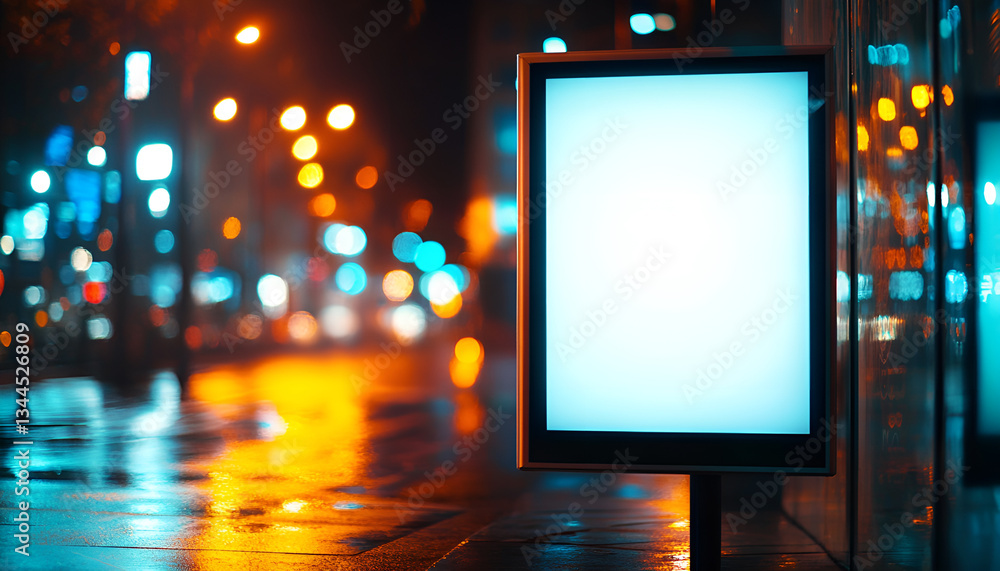 Vibrant urban night scene with empty bus stop poster and illuminated city background. concept of city life, advertisement space, nighttime atmosphere, urban design Vibrant urban night scene with empty bus stop poster and illuminated city background. concept of city life, advertisement space, nighttime atmosphere, urban design