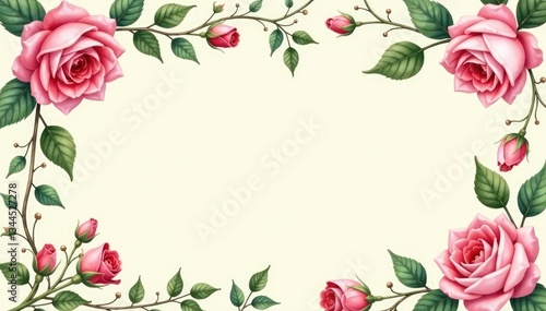 Delicate watercolor roses, climbing vines, and leaves on a cream background, botanical, shabby chic, interior design wallpaper