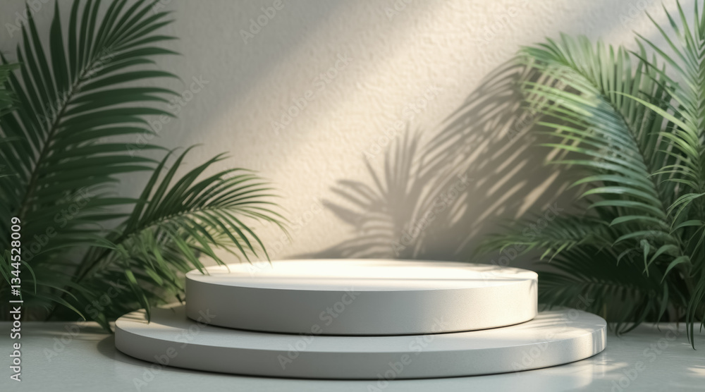 two-tiered round display platforms with palm leaves two-tiered round display platforms with palm leaves