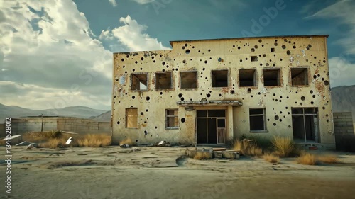 Abandoned Building in a Desolate Landscape with Mountains in the Background