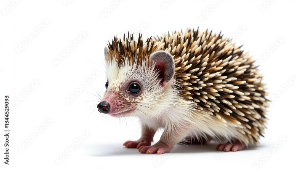 Obraz premium Tiny hedgehog posed on pure white background, curled slightly , closeup, small