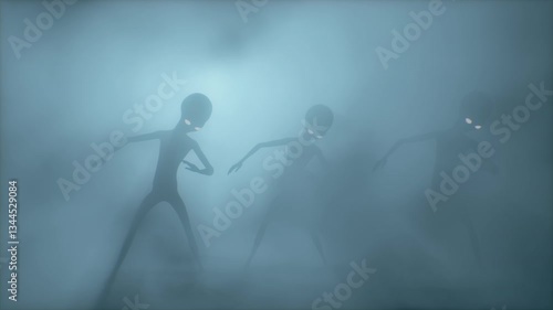 Three shadowy alien figures with glowing eyes dancing in thick fog, illuminated by mysterious beams of light. The eerie atmosphere suggests an extraterrestrial encounter or sci-fi mystery. 3D render