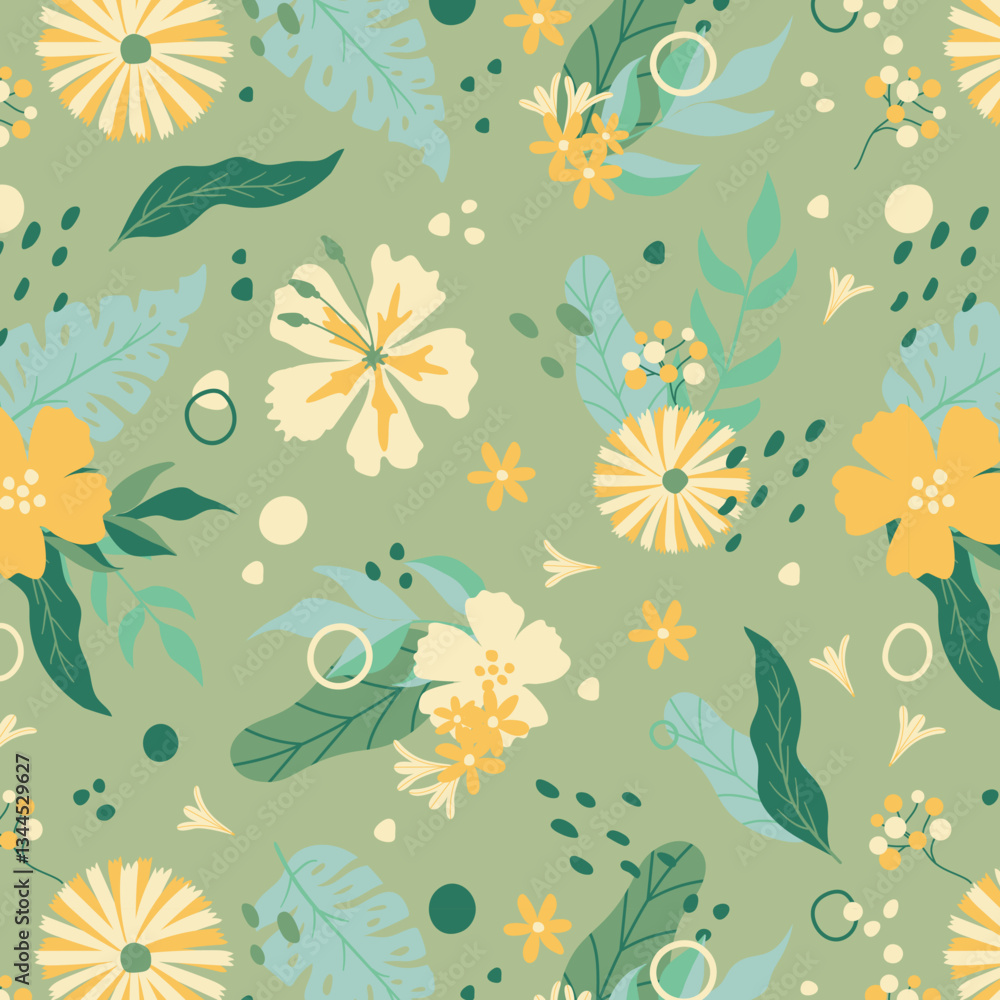 Obraz premium Colorful hibiscus flower with tropical leaf seamless pattern design for summer holidays background.