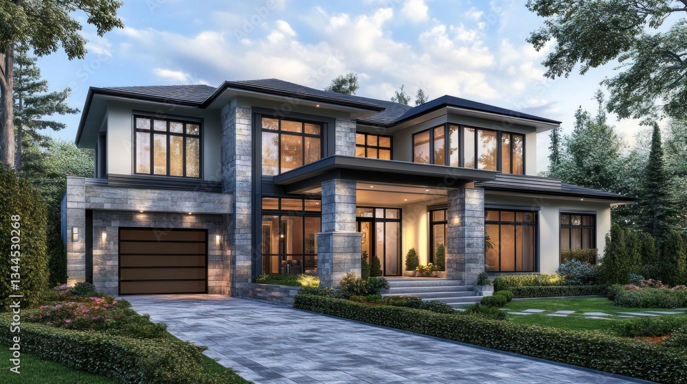 Modern luxury home exterior design with stone accents, large windows, and landscaped yard. Modern luxury home exterior design with stone accents, large windows, and landscaped yard.