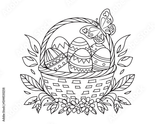 Happy Easter day outline Coloring page, Festive Egg & Floral Design line art, Easter day line drawing vector illustration. 