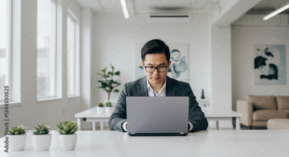 Office worker in a bright and spacious environment typing on laptop
Office worker in a bright and spacious environment typing on laptop