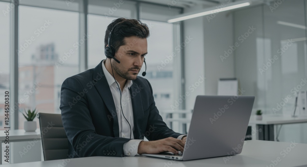 Business professional with a headset concentrating on laptop work
Business professional with a headset concentrating on laptop work