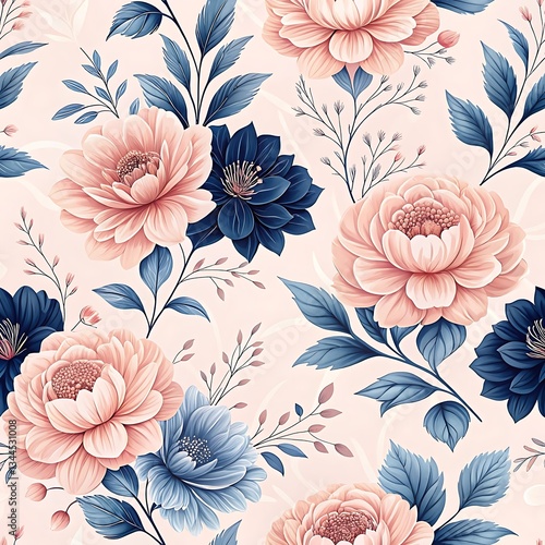 Seamless floral pattern with pink blossoms and vintage decorative leaves