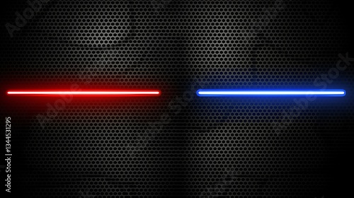 Red and blue neon lights on dark metal background for technology presentations
