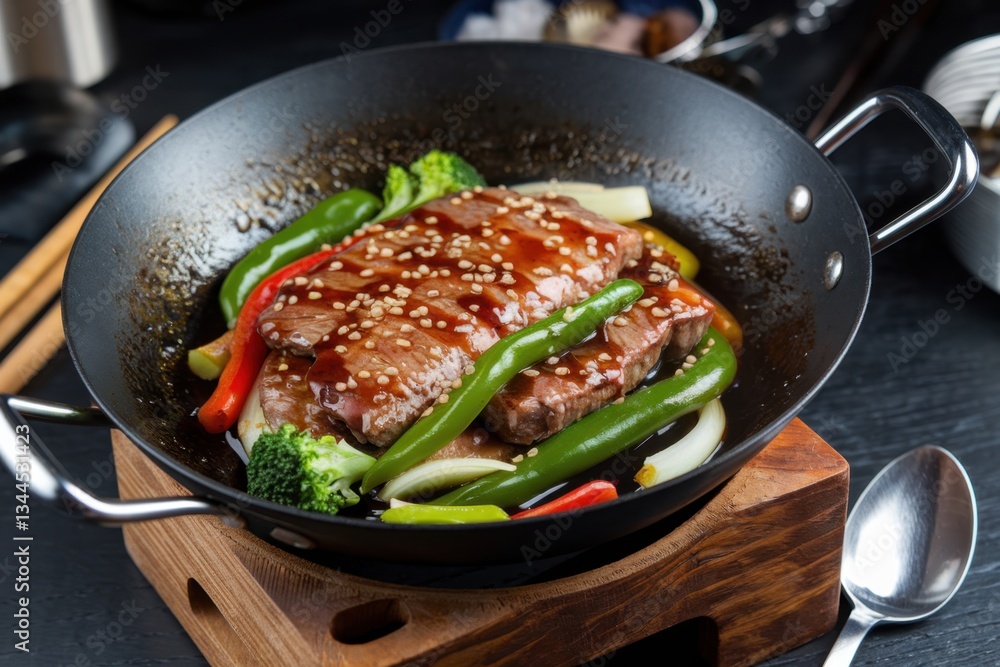 Fototapeta premium Sizzling meat dish prepared in a wok with fresh vegetables and savory sauce