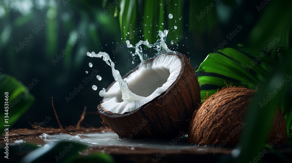 Tropical Coconut Splendor: A Refreshing Still Life with Water Splash Tropical Coconut Splendor: A Refreshing Still Life with Water Splash