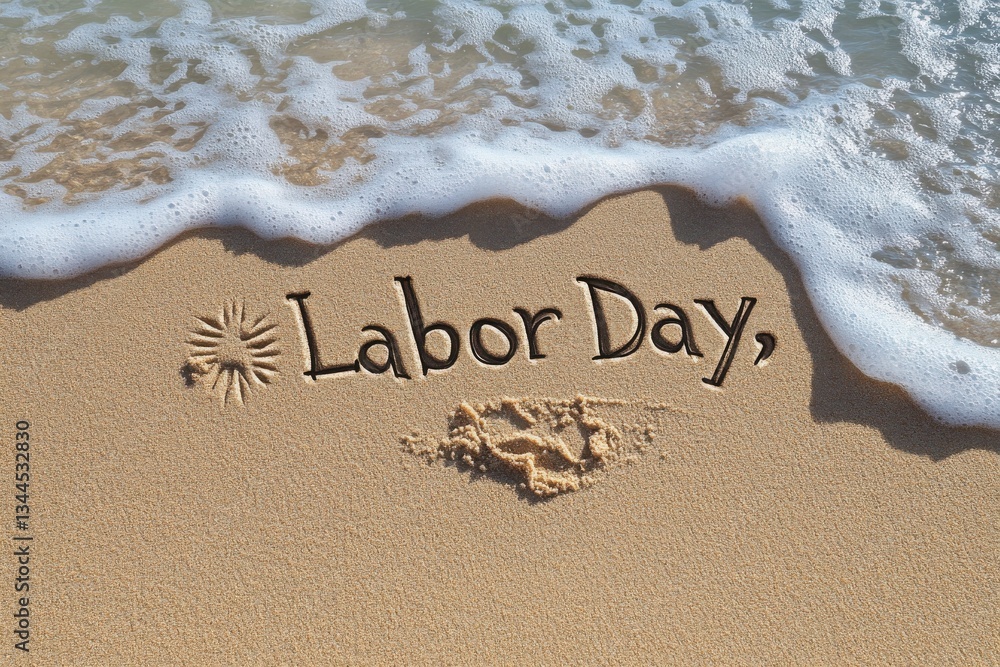 Fototapeta premium Labor Day wishes etched in the sand by a gentle wave, a tranquil beach scene reflecting summer's end and the start of autumn.